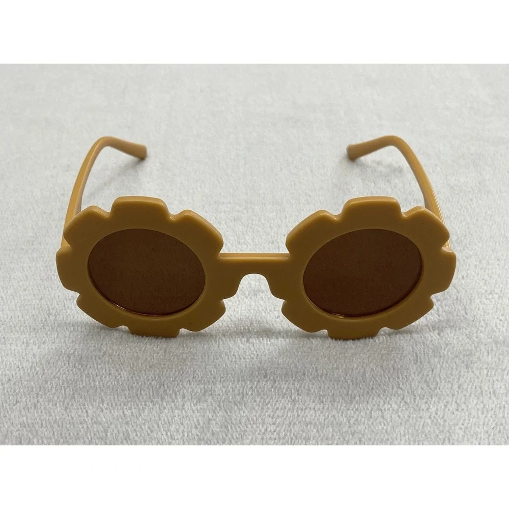 Retro Flower Round Sunglasses Kids Yellow Sunflower Frame Dark Lens w/ Pouch